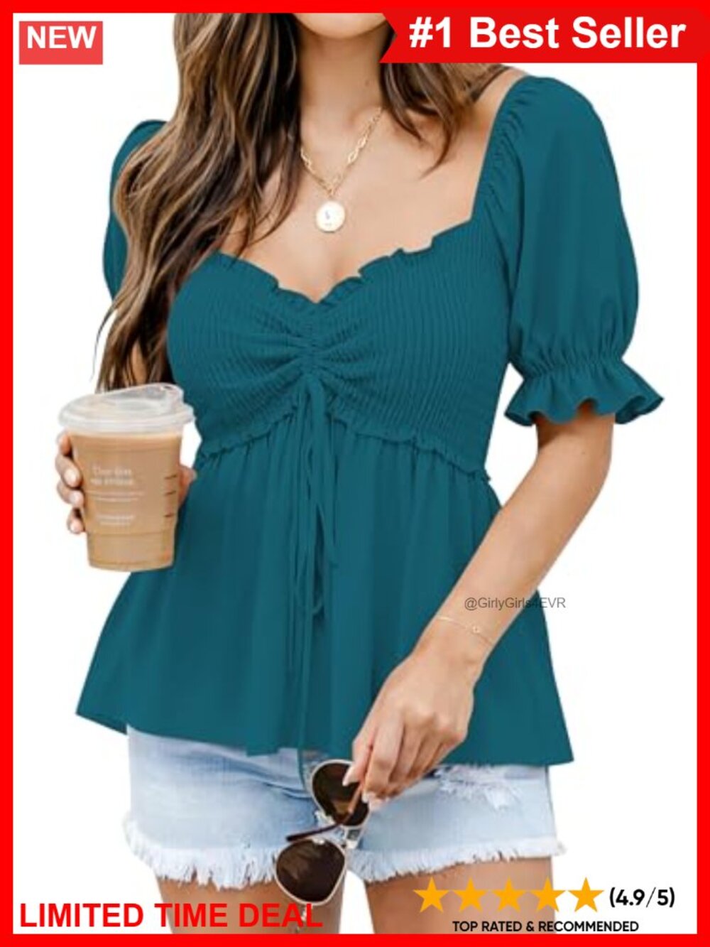Women's Peplum Blouse Puff Short Sleeve Babydoll Top Smocked Summer Shirt